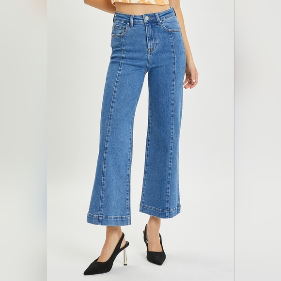 RISEN High-Rise Waist Blue Jeans Retro Wide Leg Front Seam Boyfriend Denim Pants - Picture 9 of 16